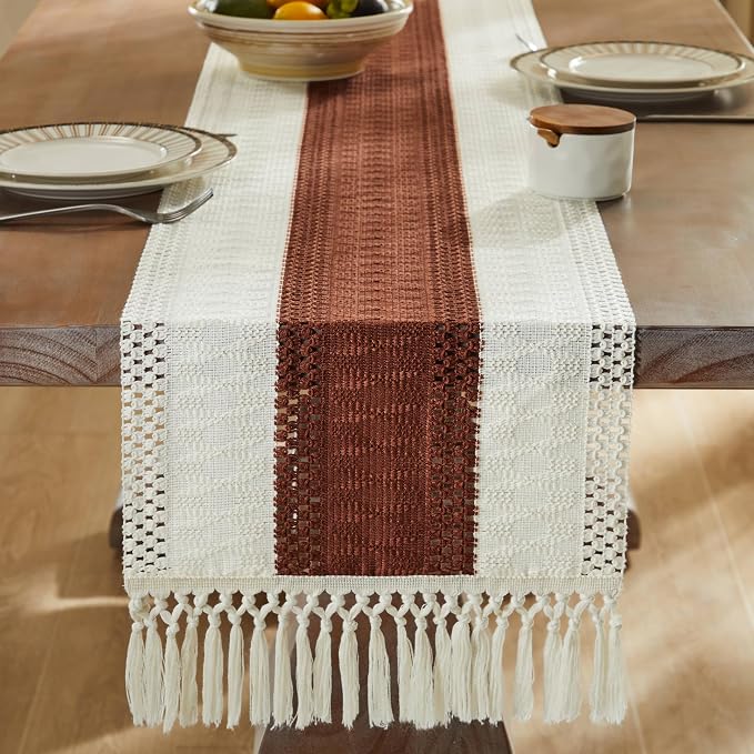 Macrame Style Bicolor Stitching Table Runner 14x108in Terracota | Woven Boho - Image 3