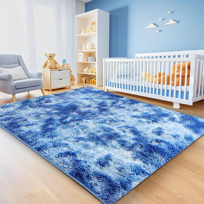 Shag Area Rug for Bedroom, 4x6 Tie-Dyed Blue Fluffy Shaggy Rugs for Living Room - Image 3