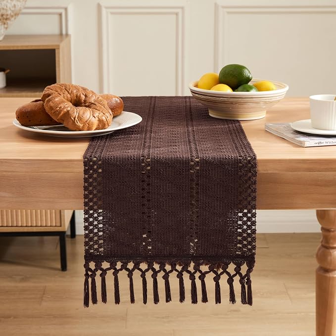 Macrame Style Boho Table Runner, 12x108 Inch Chocolate | Woven Boho Table Runner - Image 2