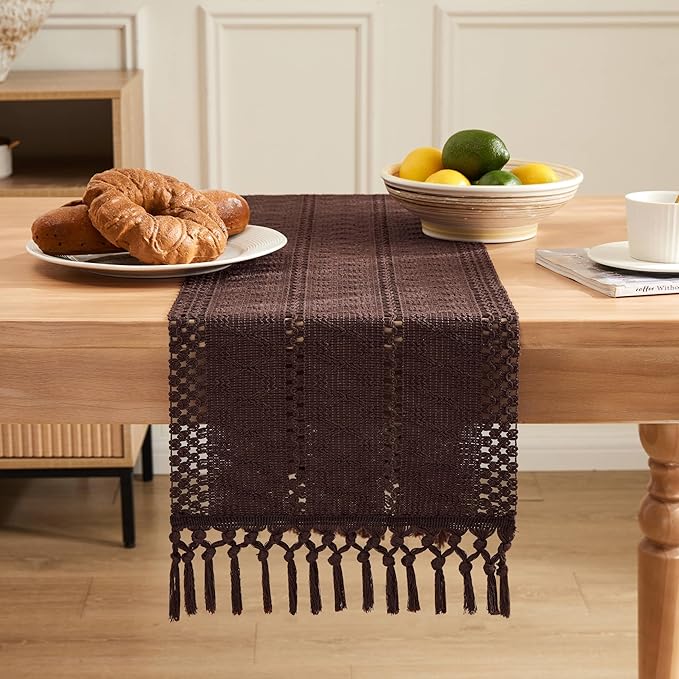 Macrame Style Boho Table Runner, 12x72 Inch Chocolate | Woven Boho Table Runner - Image 2