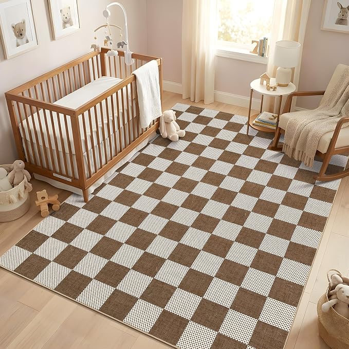 GarveeHome Checkered Terracotta Brown 2x3 Washbale Rug Door Mat Geometric - Image 3