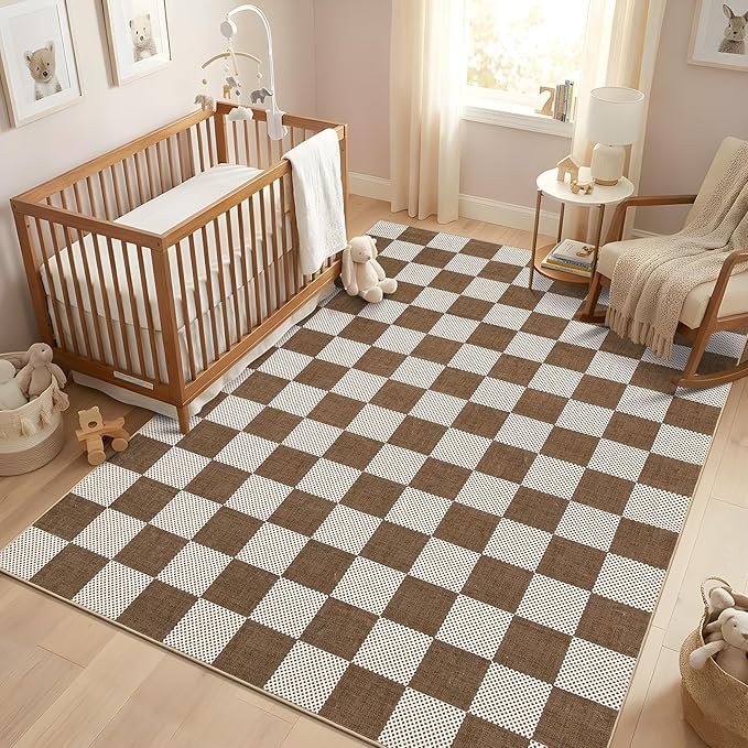 GarveeHome Checkered Terracotta Brown 3x5 Washable Rug Geometric Diamond Dot by GarveeHome