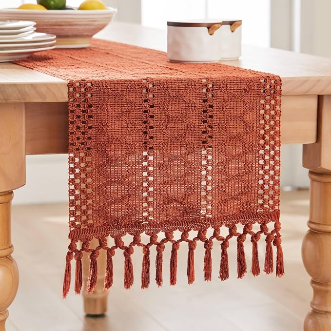 Macrame Style Boho Table Runner, 12x90 Inch Rust | Woven Boho Table Runner - Image 7