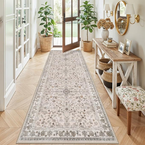 3x8 Hallway Runner Rug Washable Non-Slip – Boho Floral Soft Wide Carpet Runner by BYYVOORugsforYourHome