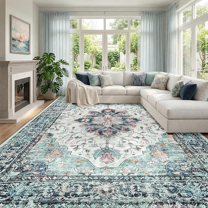 RELEANY Area Rugs Large 10'x12' Washable Non-Slip, Floral Vintage Distress by RELEANY