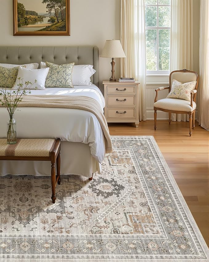 10x14 Vintage Area Rug: Washable Neutral Soft Non Slip Thin Large Floor Carpet - Image 3