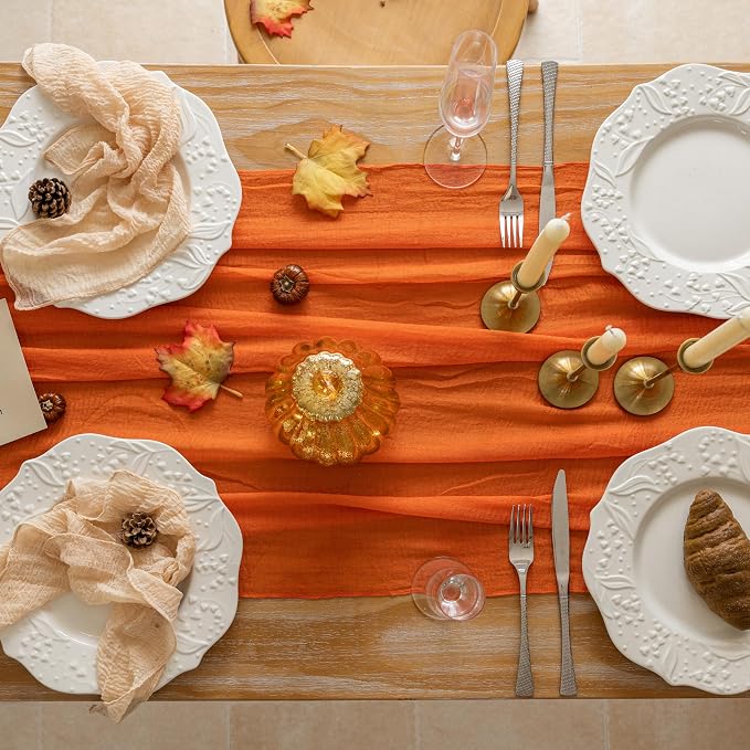 3Pcs Fall Golden Cheesecloth Table Runner 120 Inch Party Home Decor | - Image 4