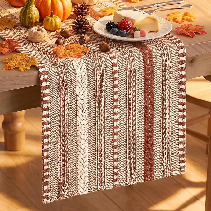 Artoid Mode Caramel Farmhouse Stripe Braided Table Runner 12x72 Inch | Holiday by ArtoidMode