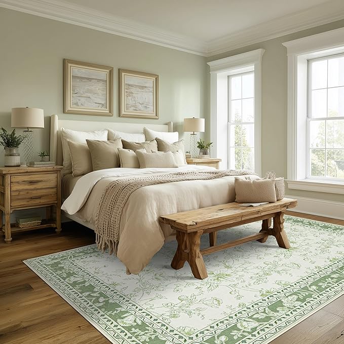 Green Area Rugs 6x9 Living Room Washable Boho Vintage Sketch Floral Sage Cream - Image 2