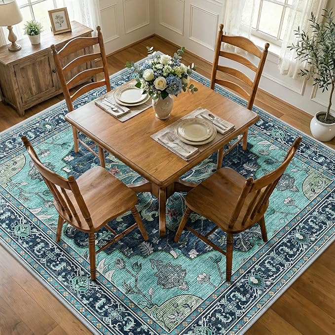 RELEANY Area Rugs Square 8ft Washable Non-Slip, Floral Vintage Distress - Image 2