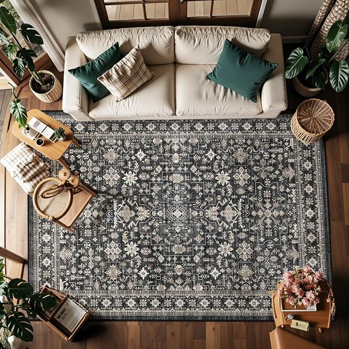 Dark Grey Living Room Rug 5x7, Washable Dark Vintage Moody Low Pile Non Slip by WelcometoBabovid