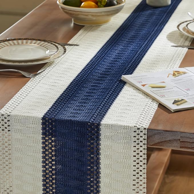 Macrame Style Bicolor Stitching Table Runner 14x72in Navy Blue | Woven Boho - Image 5