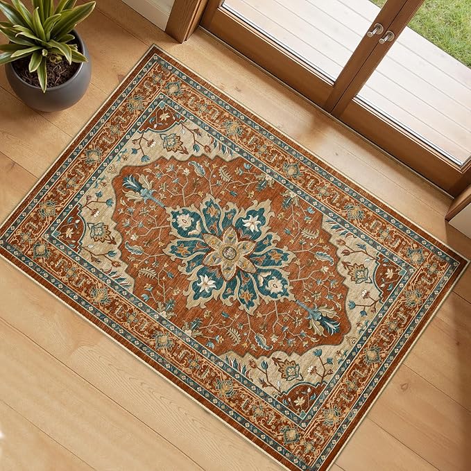 RELEANY Area Rugs Small 2'x3' Washable Non-Slip, Floral Vintage Distress by RELEANY