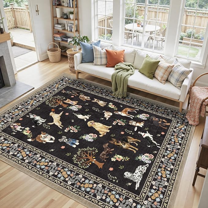 Black Dogs Area Rugs 9x12 Living Room Washable Rug Non Slip Floral Low Pile - Image 2