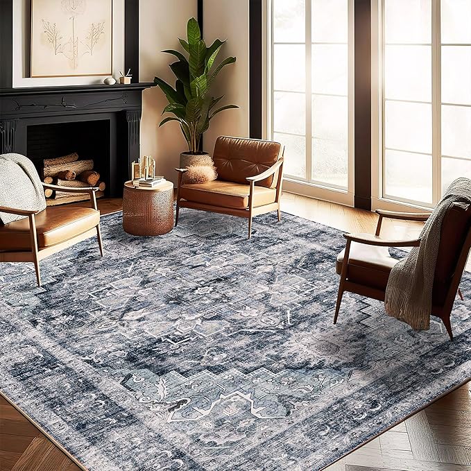 CHAMPLANT Washable Area Rug 9'x12' Dark Blue Retro Flowers Boho Design by CHAMPLANT