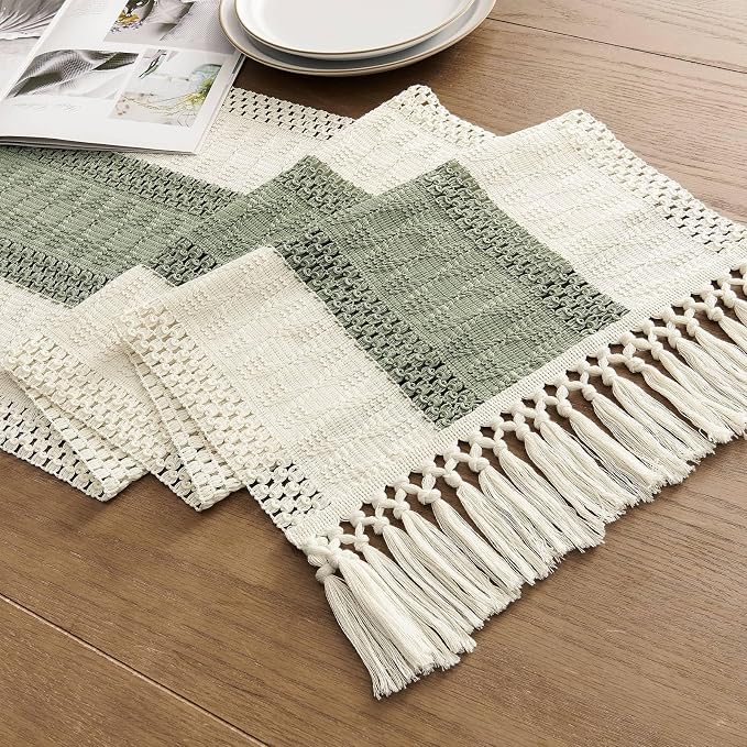 Macrame Style Bicolor Stitching Table Runner 14x90in Green | Woven Boho Table - Image 7