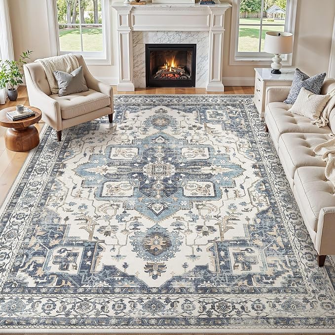 9x12 Washable Area Rugs for Living Room, Large Rug Non Slip Backing Vintage by JessibouAreaRug