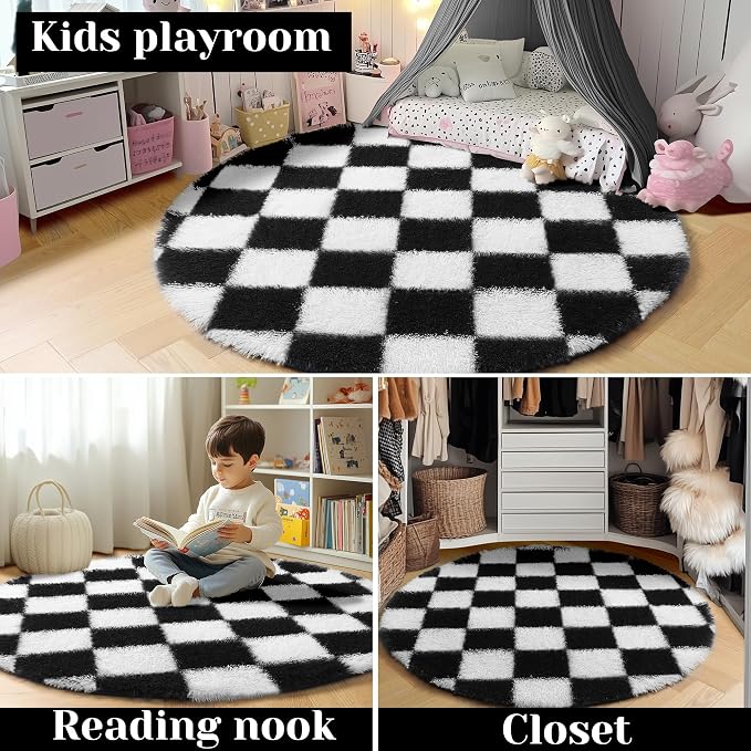 KICMOR Round Rugs 6ft for Bedroom Living Room, Large Plush Checkered Circular - Image 7