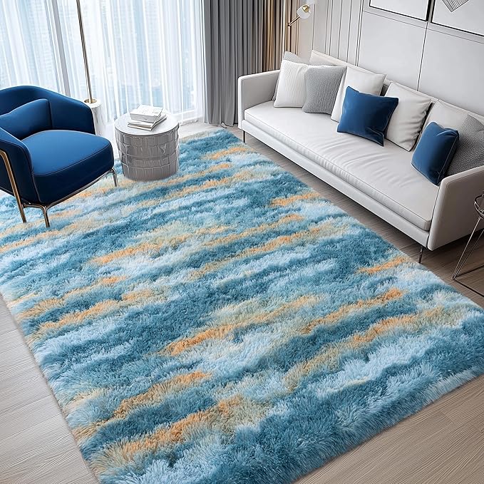 9x12 Fluffy Shag Area Rugs, Ultra Soft Non-Slip Abstract Blue Plush Carpet - Image 4