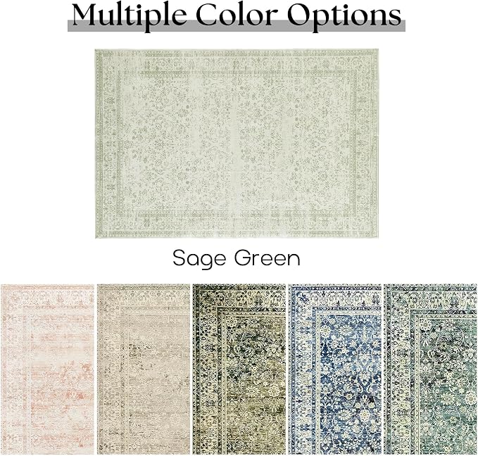 Sage Green Area Rug for Bedroom Neutral Boho Farmhouse Floral Distressed Design - Image 6