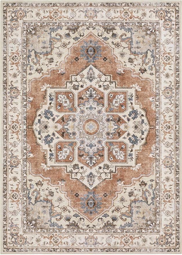 5x7 Washable Area Rug: Vintage Neutral Soft Non Slip Thin Large Floor Carpet - Image 7