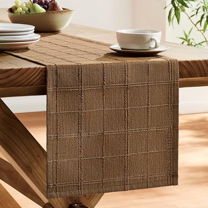 Linen Checked Farmhouse Table Runner, 13x60 Inches Roasted Brown | Raised Grid - Image 4