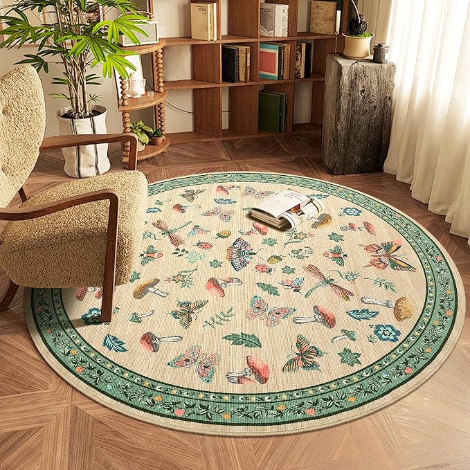 Mushroom Insect 5ft Round Rug Washable Non-Slip Soft Ultra-Thin Small Boho - Image 2