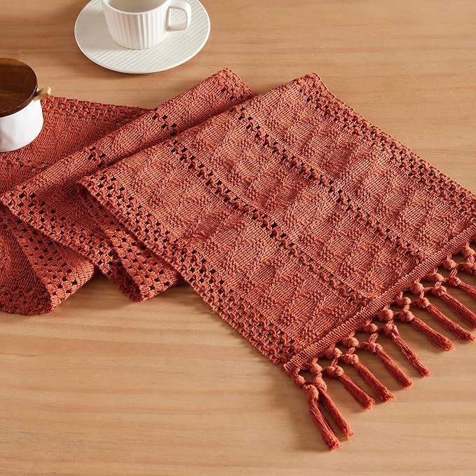 Macrame Style Boho Table Runner, 12x48 Inch Rust | Woven Boho Table Runner by ZEEMARTONLINE