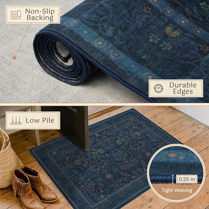 Blue Small 2x3 Entryway Rugs Indoor, Oriental Floral Kitchen Mats Non Slip - Image 5
