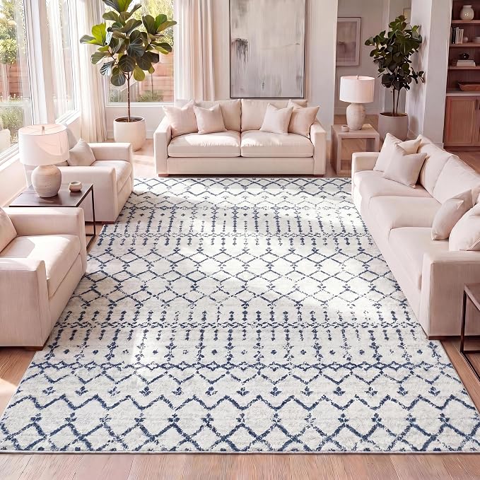 JONATHAN Y Boho Vintage Diamond Cream/Navy Indoor Area Rug 8X10 ft, Moroccan by JONATHANY