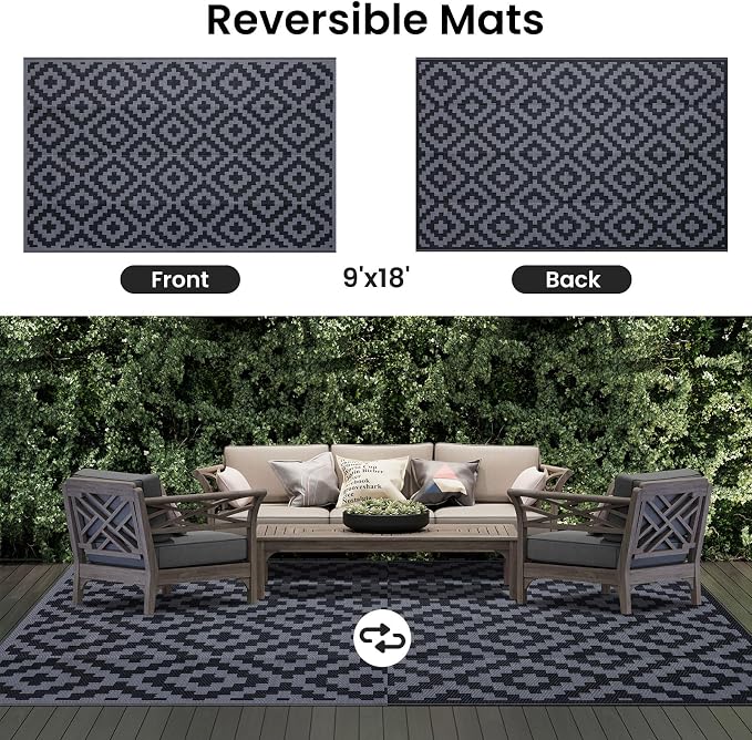 Smiry Waterproof Outdoor Rug 9X18 ft, Reversible Plastic Straw Patio Camping - Image 3