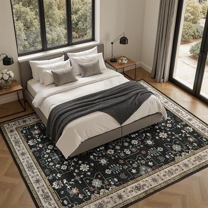 DCX Machine Washable Black Area Rug 9x12, Non Slip Stain Resistant Vintage Area - Image 3