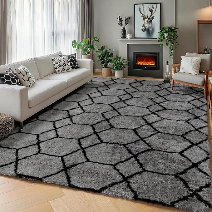 ONASAR 5x8 Area Rugs for Living Room, Fluffy Soft Grey and Black Geometric Rug - Image 6