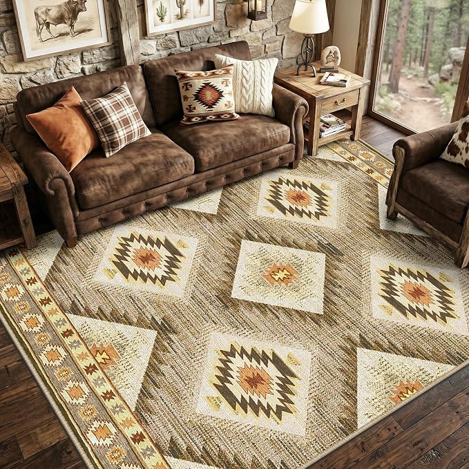 Area Rug 5x7 Rug Machine Washable Non-Slip Low Pile Print Pattern Western Rug by BESTSWEETIE