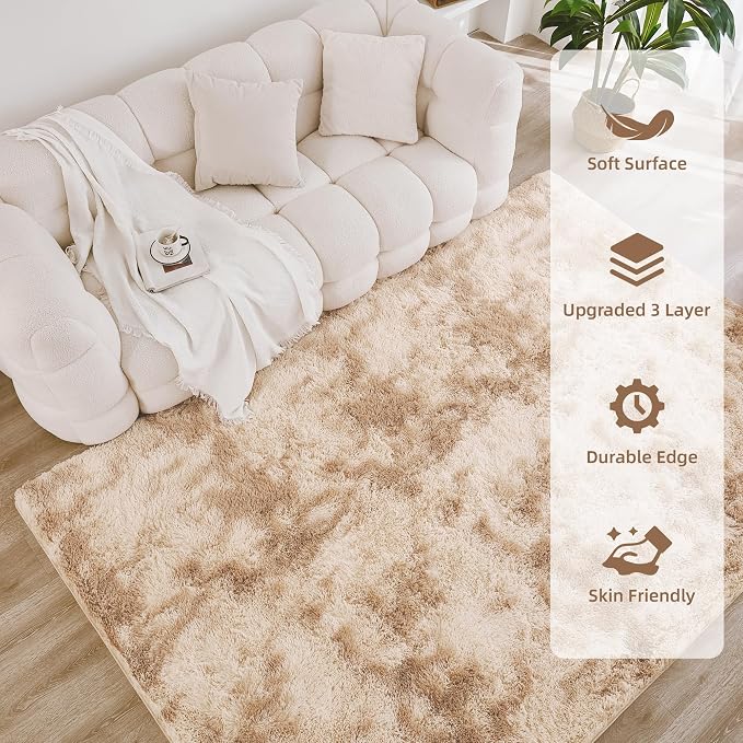 Litanika 6x9 Shag Area Rug for Living Room Bedroom, Tie-Dyed Beige High Pile - Image 4