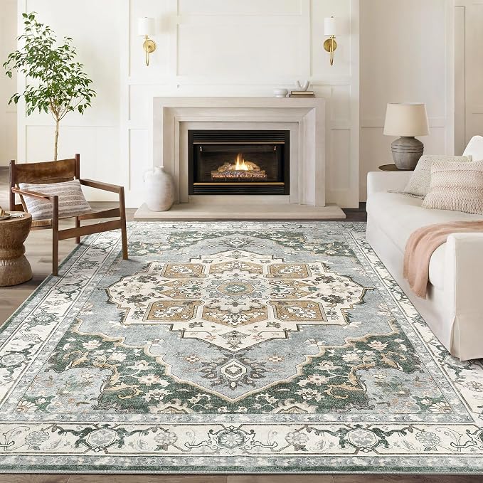 9x12 Washable Area Rug: Vintage Neutral Soft Non Slip Thin Large Floor Carpet - Image 3