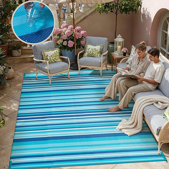 Outdoor Plastic Straw Rug Waterproof Patio 5x8 Blue Teal Stripe Mat - Image 6