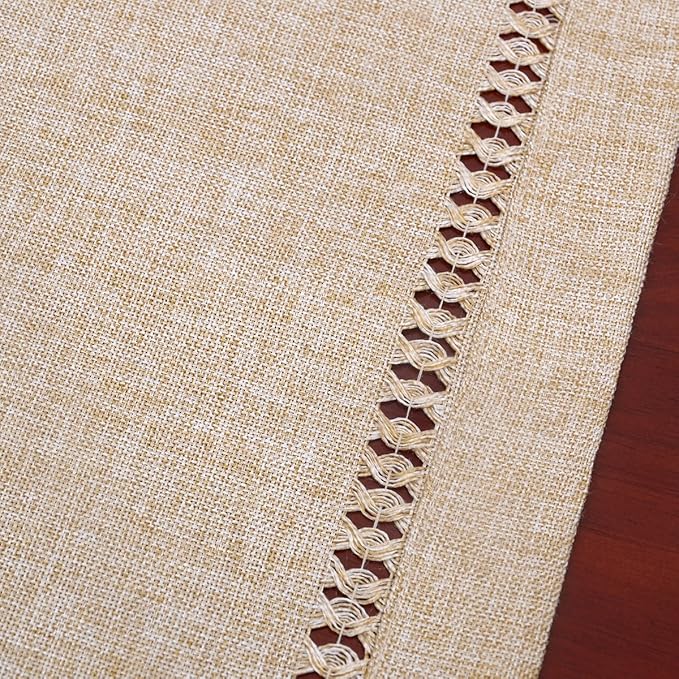 Grelucgo Large Handmade Hemstitch Beige Table Runner, Rectangular 14 by 120 Inch - Image 2