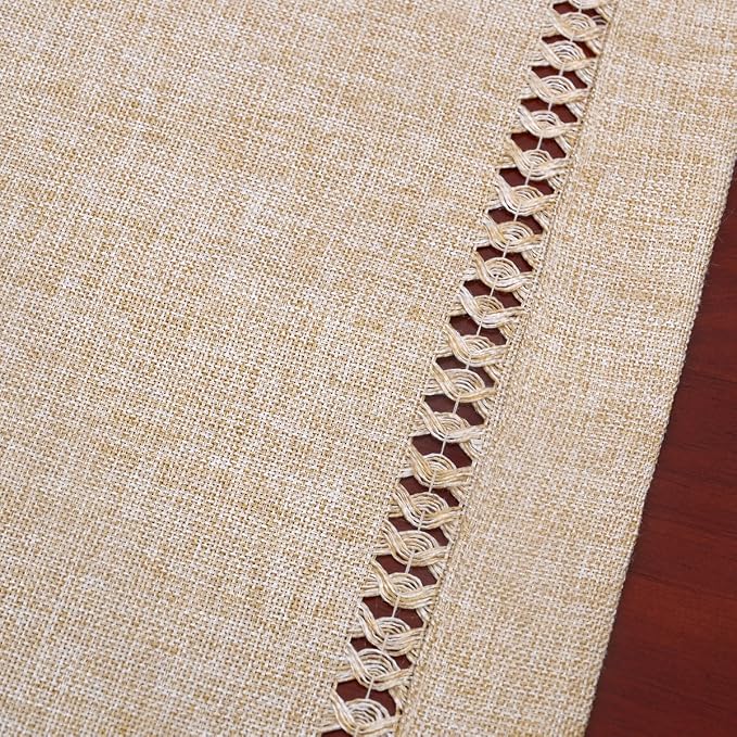 Grelucgo Handmade Hemstitch Beige Table Runner Or Dresser Scarf, Rectangular 14 - Image 5