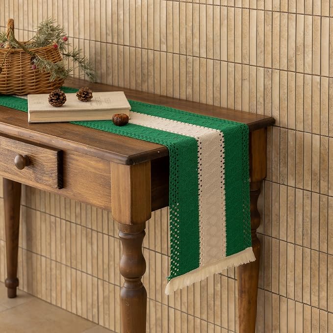 Keketoarrange Christmas Green Boho Table Runner 12x48 Inch | Woven Burlap - Image 6