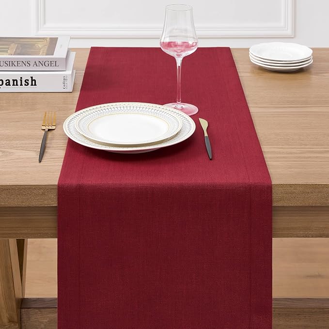 Linen Textured Border Table Runner, 14 x 72 Inch Red | Mitered Corner Design - Image 3