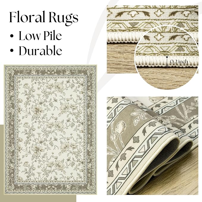 Greyish Beige Floral Rug 5x7 Machine Washable Area Rug - Image 5