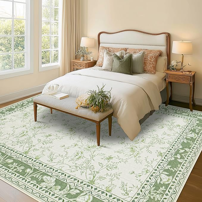 Green Area Rugs 6x9 Living Room Washable Boho Vintage Sketch Floral Sage Cream - Image 7