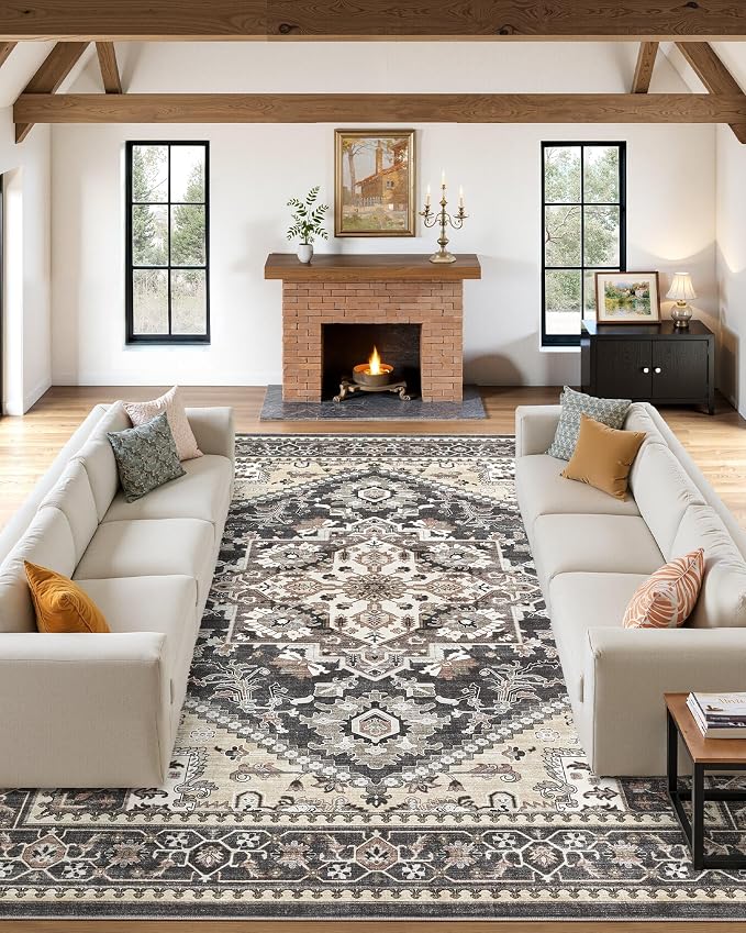 8x10 Vintage Area Rug: Washable Neutral Soft Non Slip Thin Large Floor Carpet - Image 2