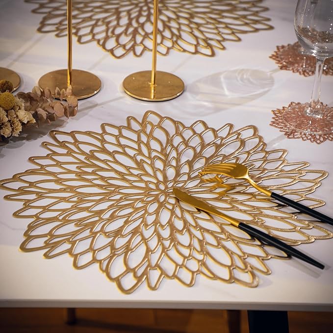 Snowkingdom 6 Pack Gold Placemats Metallic Pressed Vinyl Round Leaf Plastic - Image 4