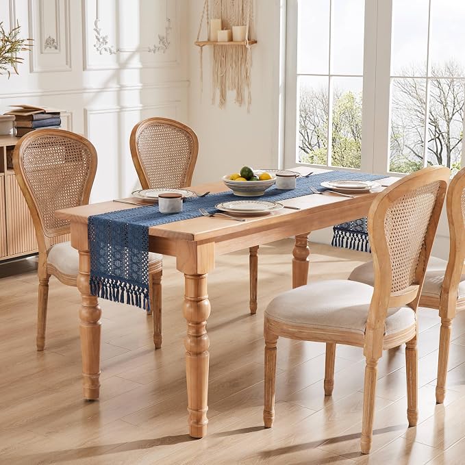 Macrame Style Boho Table Runner, 12x72 Inch Dusty Blue | Woven Boho Table Runner - Image 3