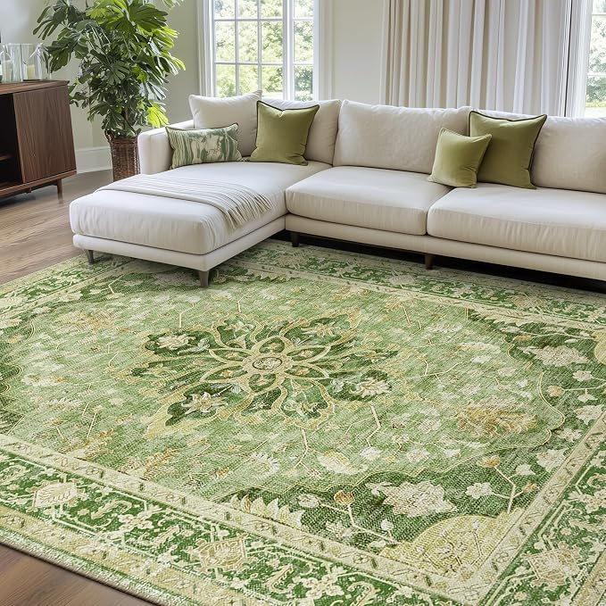 RELEANY Area Rugs 7'x9' Washable Non-Slip, Floral Vintage Distress Medallion by RELEANY