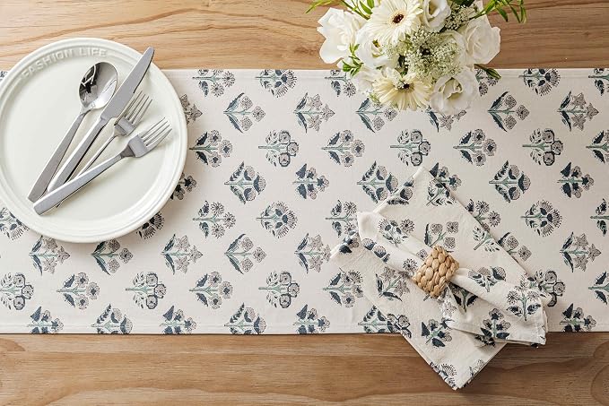 Block Print Floral Decorative Table Runners, 13x90 Inch Grey | 100% Organic - Image 4