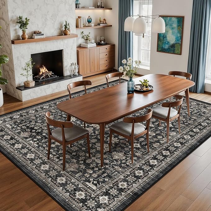 Dark Grey Living Room Rug 5x7, Washable Dark Vintage Moody Low Pile Non Slip - Image 4