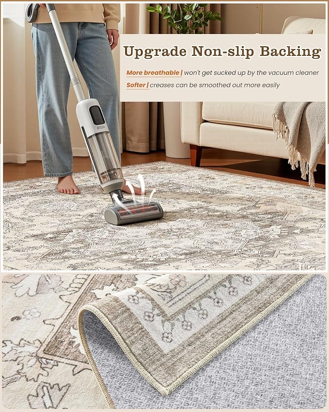 12x15 Vintage Area Rug: Washable Neutral Soft Non Slip Thin Large Floor Carpet - Image 5